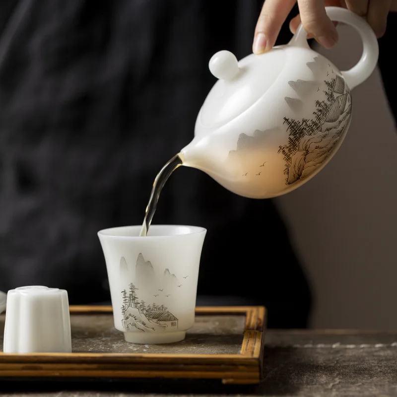 Dehua pure jade Xishi pot cover bowl high-grade suet jade porcelain tea set Dehua white porcelain pure hand-painted landscape