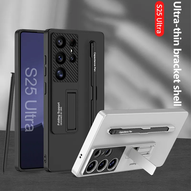 Shockproof Armor Plastic Pen Slot Case For Samsung Galaxy S25 Ultra Plus Camera Protective Stand Hard Cover Case With Stylus Pen