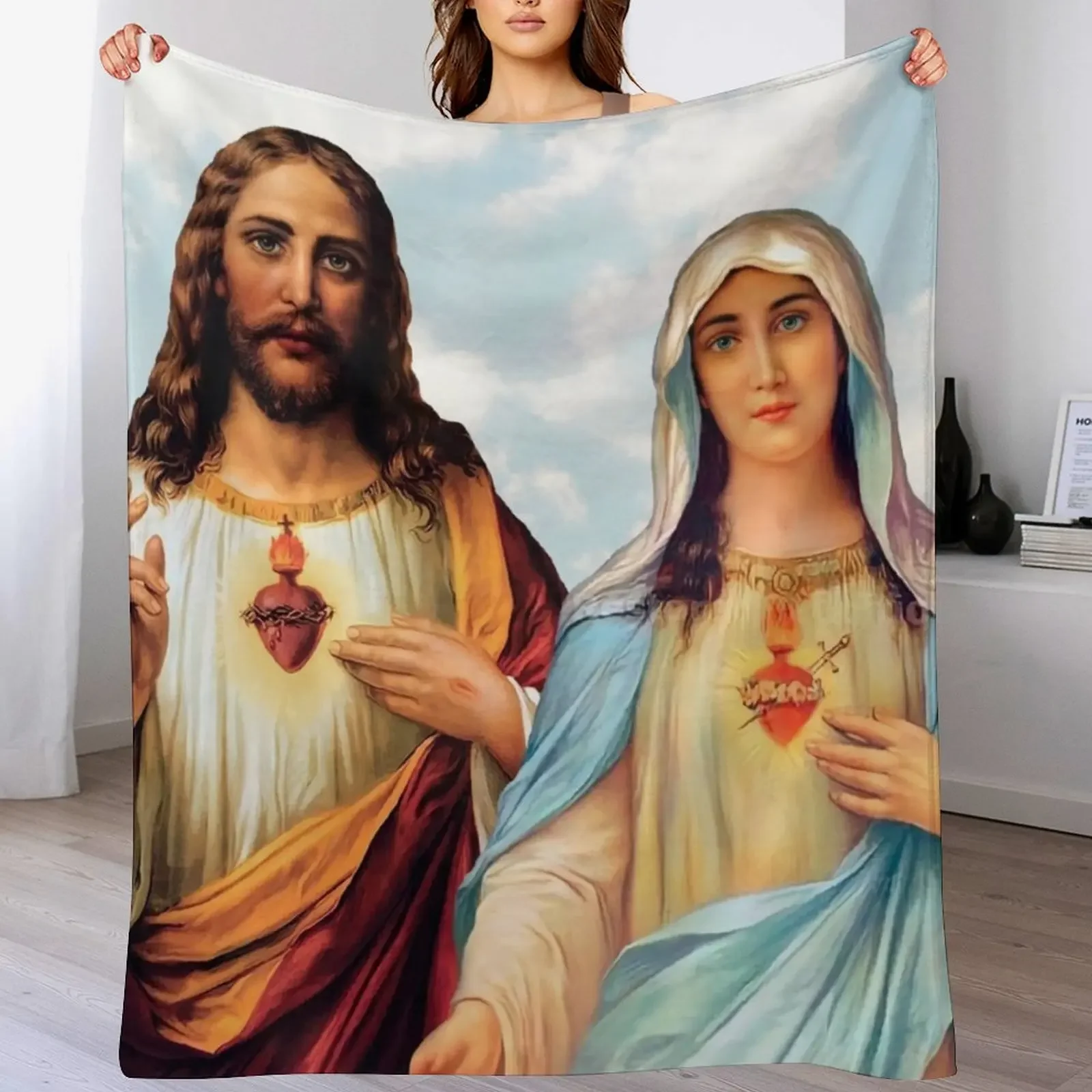 Sacred and Immaculate Hearts - III (Jesus and Mary) sky background Throw Blanket Cozy Throw Blanket for Bed Sofa Chair