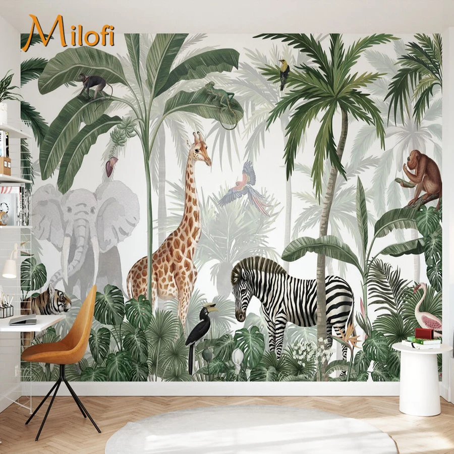 Milopi 사용자 정의 3d 월페이퍼, 손으로 그린 동남아시아 벽화, 열대 우림, 원숭이, 기린 동물, 거실, 가정 장식
