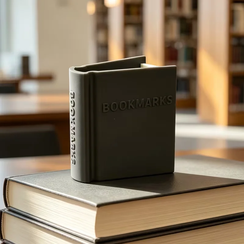 A 3D-printed book-shaped bookmark that doubles as storage and display – a cute desktop organizer for book lovers.