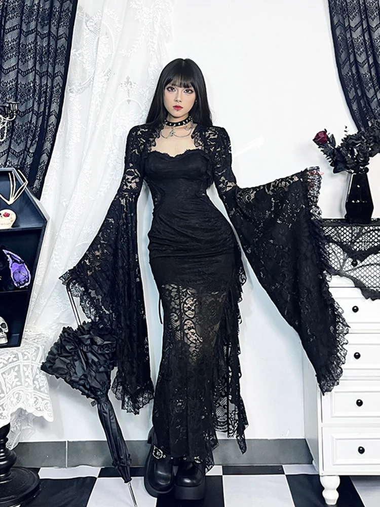 AltGoth Dark Gothic Lace Cover Ups Women Vintage Classic See Through Flare Sleeve Crop Top Blouse Y2k E-girl Emo Alt Rave Outfit