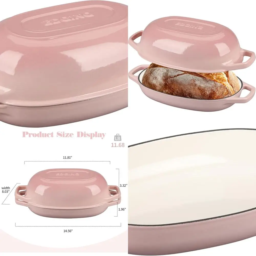 

Pink 5-Quart Oval Enamel Cast Iron Dutch Oven with Lid, Ideal for Sourdough Bread Baking