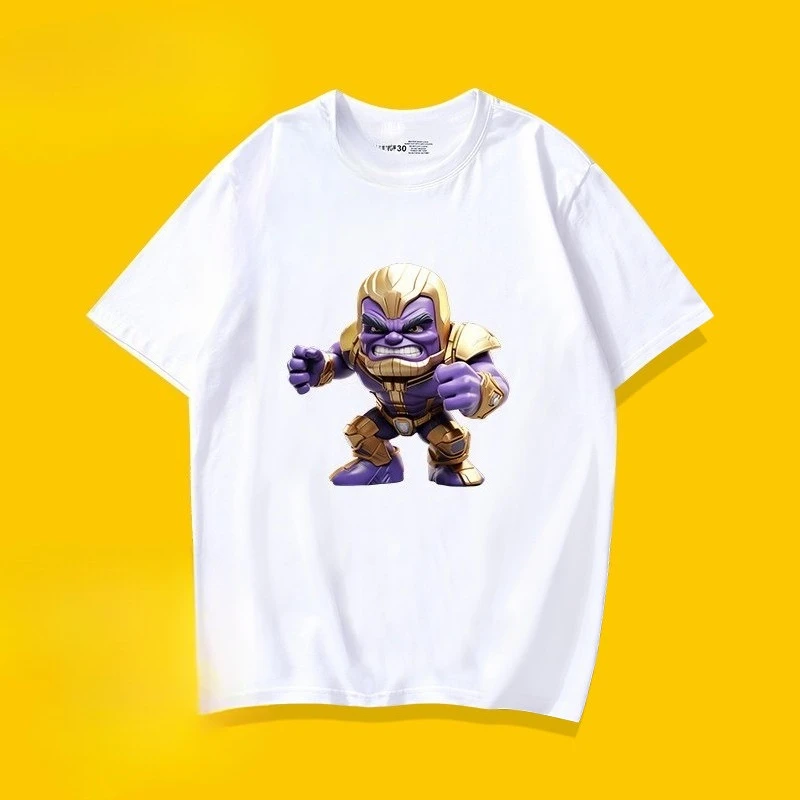 

Новая футболка с принтом Marvel Thanos Fun для мужчин и женщин, из чистого хлопка, с короткими рукавами и круглым вырезом, комплект для родителей и детей, детская футболка