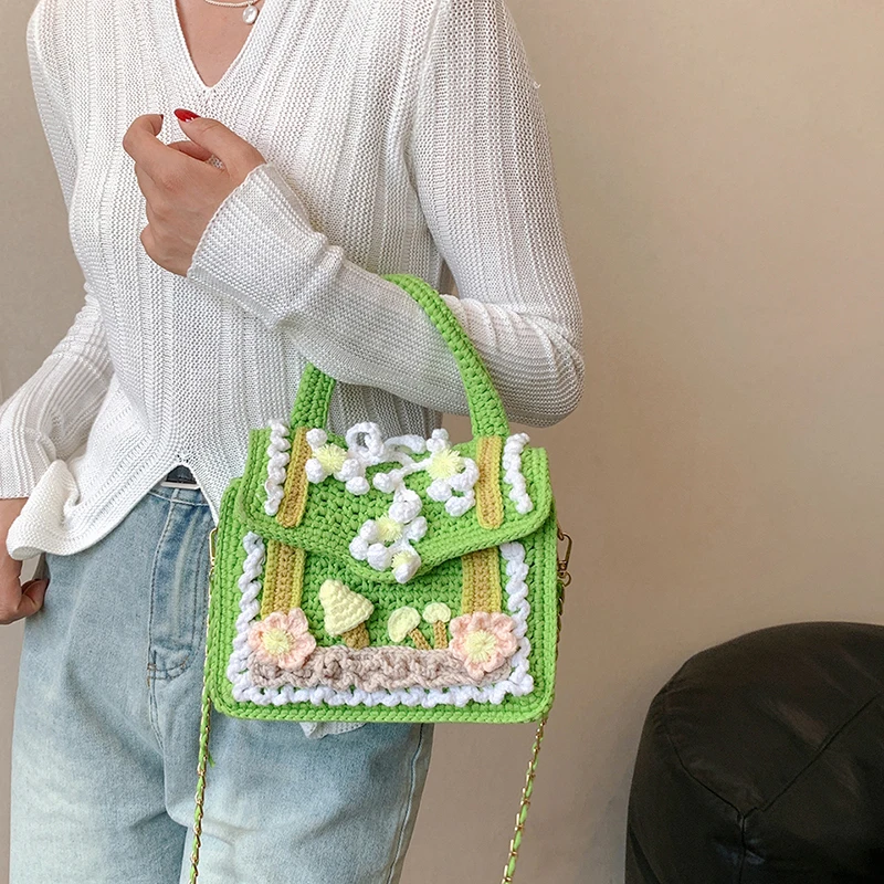 Mini Small Square Bag For Ladies Fashion Knitting Shoulder Bag Women Handmade Crochet Woolen Handbag 2023 Designer Woven Bag Sac