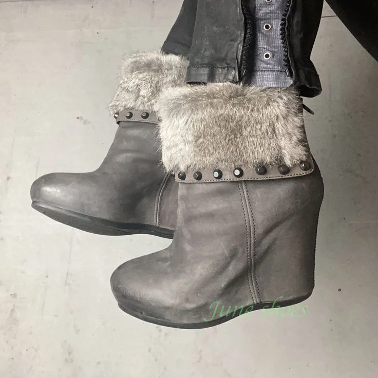 Grey Faux Leather Wedge Ankle Boots Faux Fur Cuff Rivet Bohemian Style Decor Round Toe Side Zipper Women Fall Warm Ankle Boots