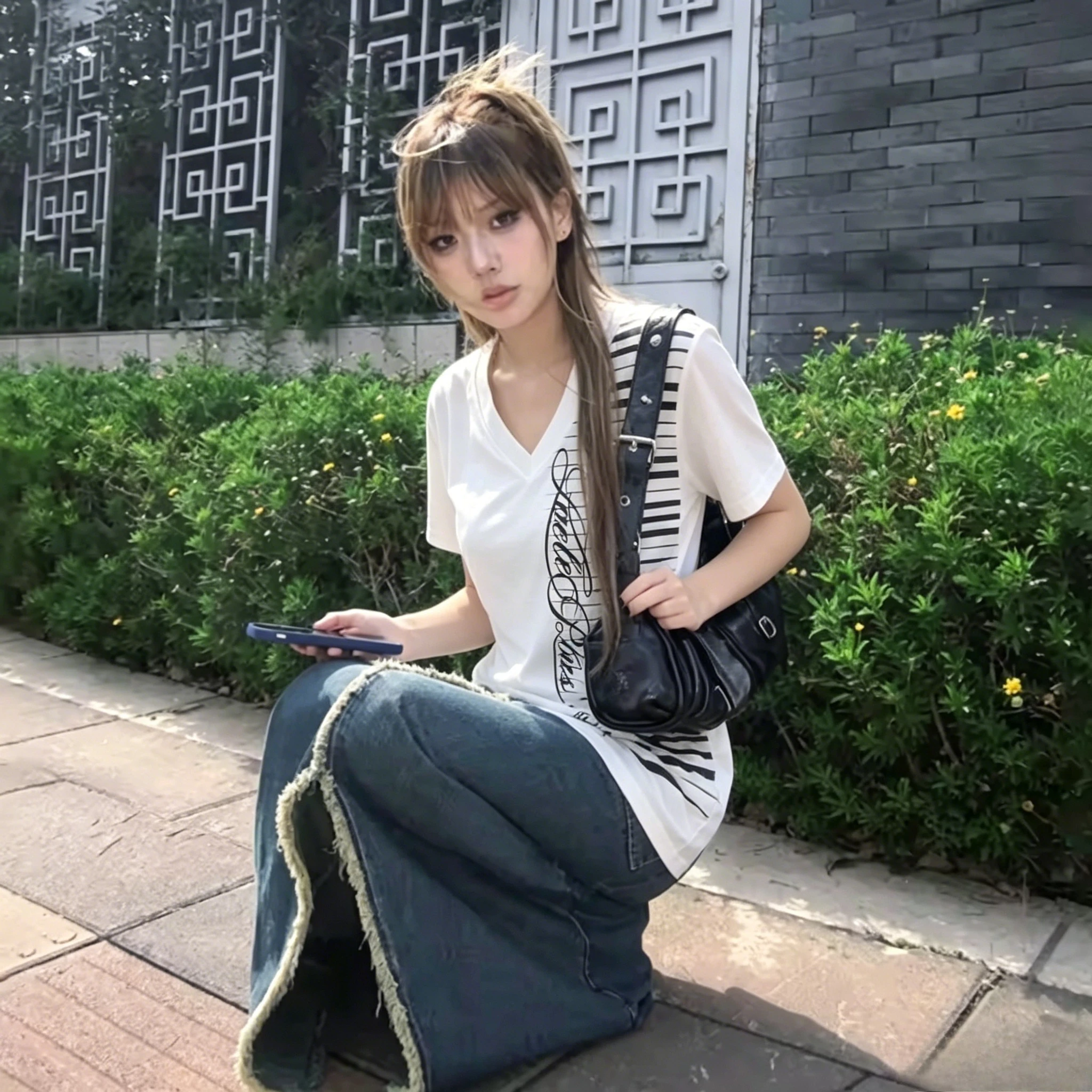 Vintage Tops Y2k Piano Key Print T-shirt Japanese Short Sleeve Harajuku V-neck Tee American Retro Female Subcultre New Clothing