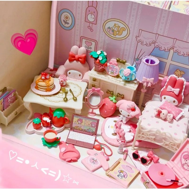 Sanrio My Melody Strawberry Miniature Room Scene Blind Box Pink Dream Bedroom Mini Furniture Set Decorative Toy Gift for Girls