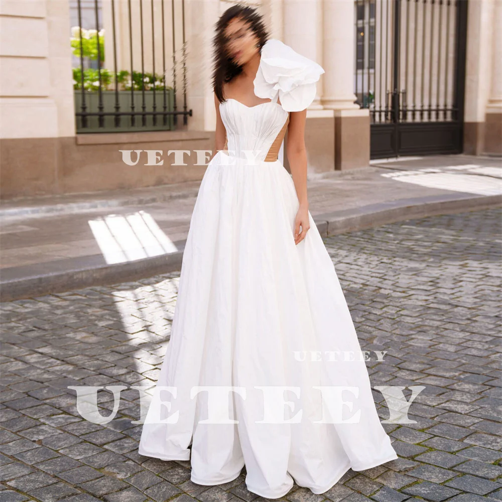 UETEEY Customized Flowers One Shoulder Taffeta Pleats A Line Wedding Dress Zipper Back Cut Out Court Train Bridal Gown