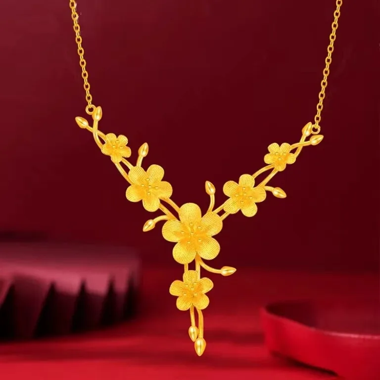 

Luxury Women 9999 24K Real Gold Wedding Jubilee Fu Flower Set Chain Necklace Wedding Jewelry