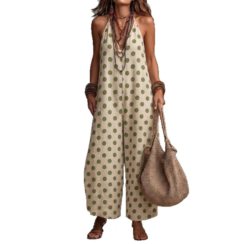 Boho Polka Dot Halter Jumpsuit Women Summer Sleeveless Wide Leg Jumpsuit Vintage Loose Casual Beach Vacation One Piece Outfit