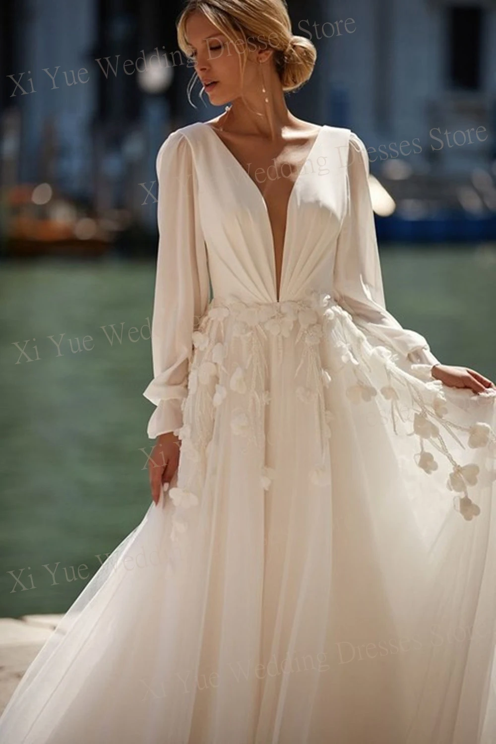 2024 Elegant Simple A Line Women's Wedding Dresses Sexy V Neck 3D Flowers Bride Gowns Long Sleeve Backless Vestidos De Novias