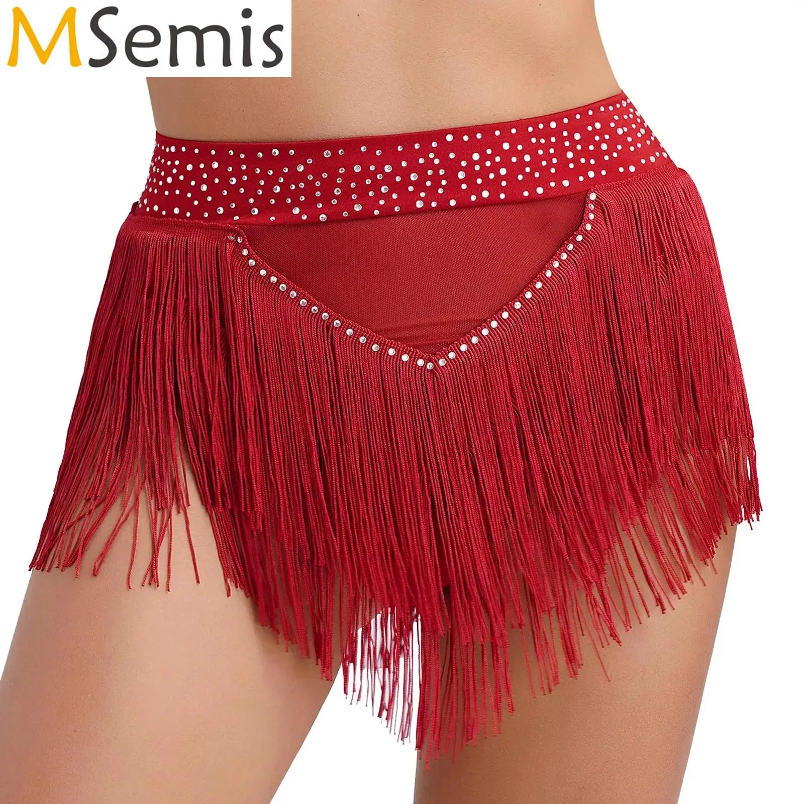 

Womens Shiny Rhinestone Bottoms Modern Belly Dance Costume High Elastic See Through Mesh Rumba Samba Tango Salsa Dance Skirt