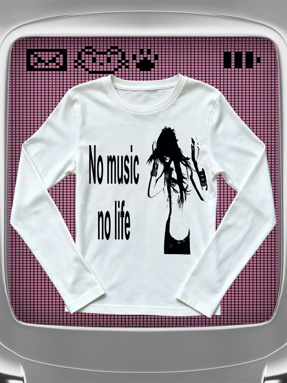 Punk Rock Zitat Grafik Langarm-T-Shirt No Music No Life Dark Grunge Music Lover Y2K Alt Damen Slim Fit Top
