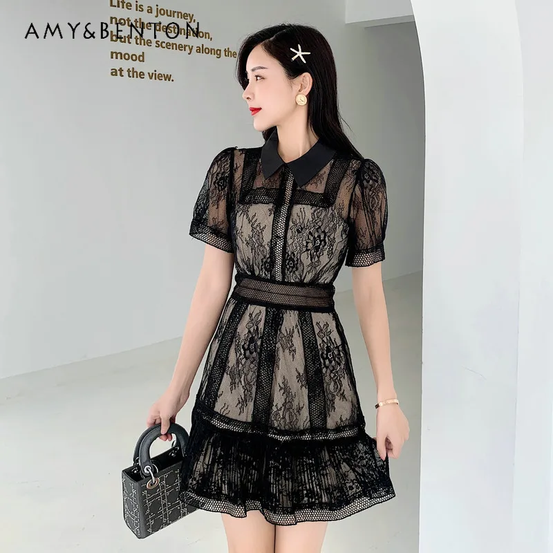 

Summer Office Lady Black Mesh Stitching Lace Short Sleeve Mini Dress Elegant Graceful Slim A-line Dresses Sexy Dress for Women