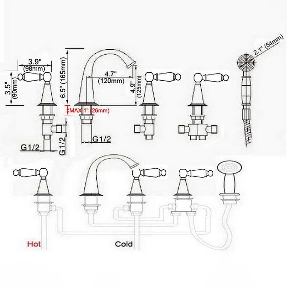 Antique Red Copper Five Hole Deck Mount Bathroom Tub Faucet Set with Handheld Shower Spray Head Mixer Tap Dtf209