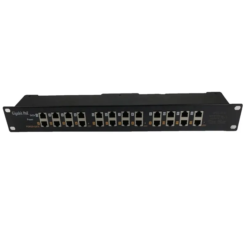 PJ112 Industrial POE 12-Port Injector 1U Rack Mount 12V-48V IEEE802.3af/at VLAN Support 10/100/1000Mbps POE Panel Wireless