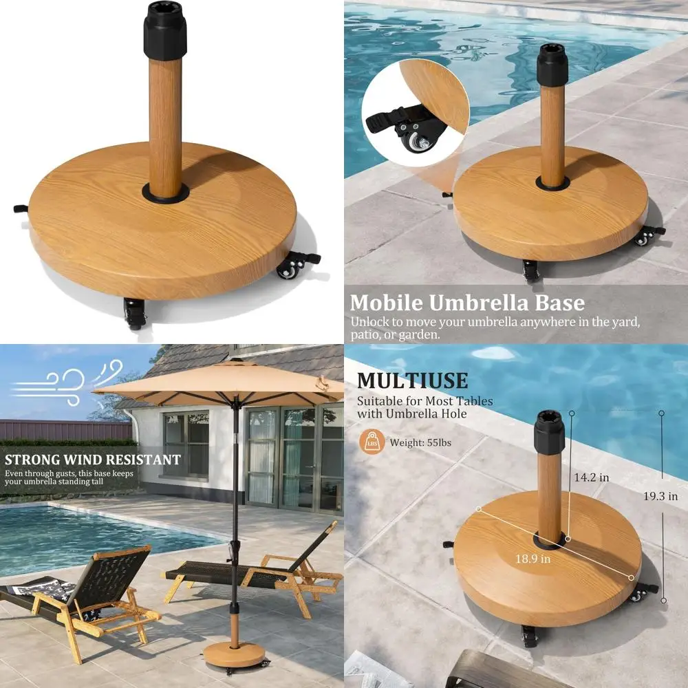 

Сверхмощная бетонная подставка для зонтов для патио длиной 55 фунтов с 4 колесами, круглая отделка из тикового дерева для наружного использования