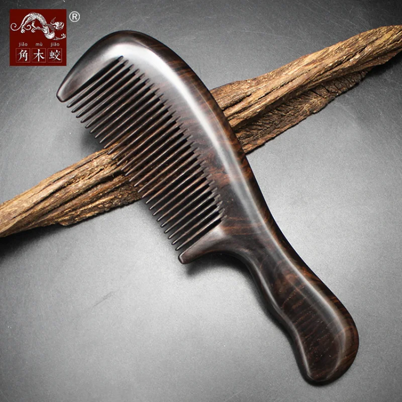 Ebony black sandalwood comb with fine teeth and solid wood handle