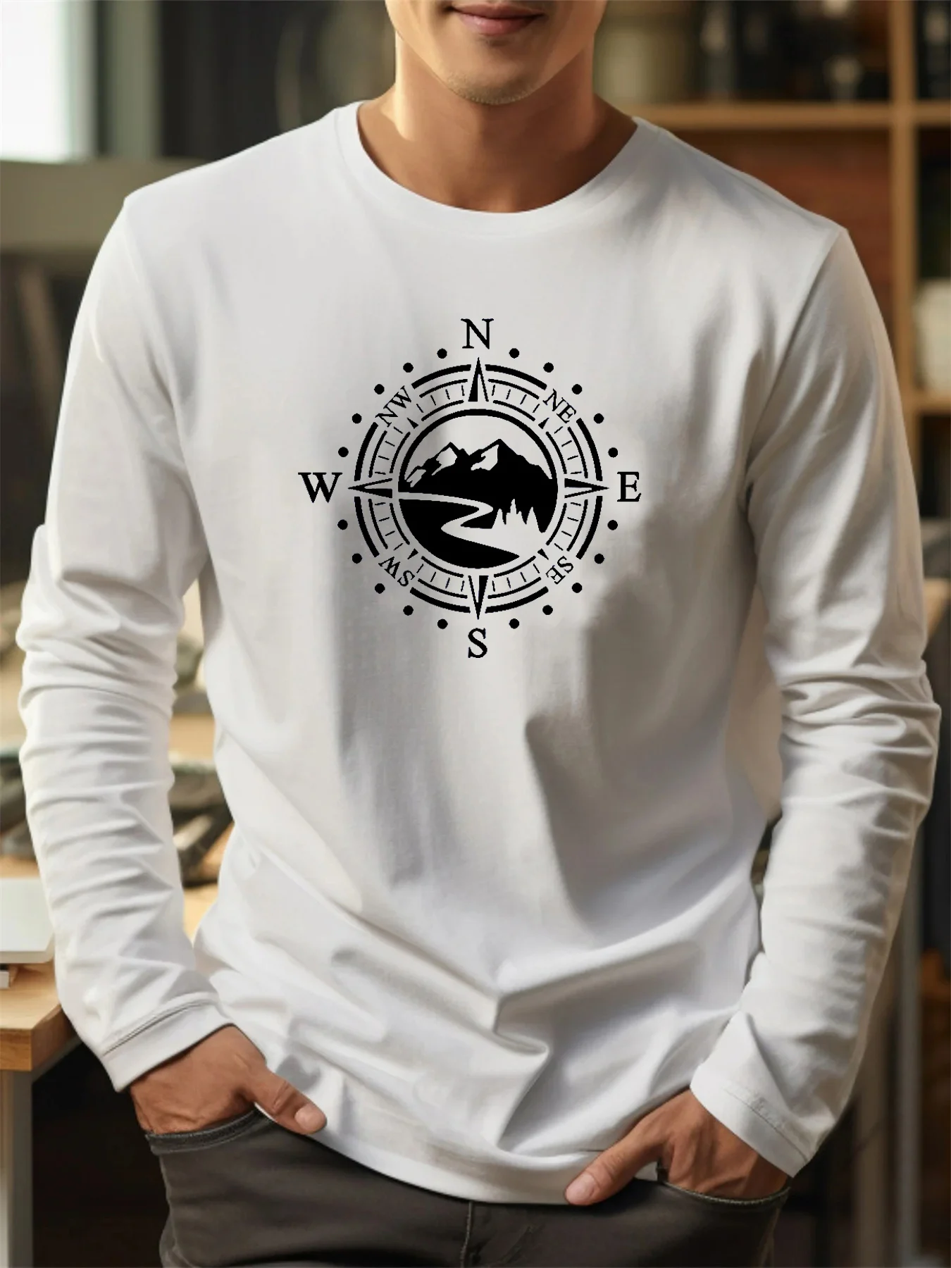 Camiseta de manga larga con cuello redondo y estampado de brújula de montaña para deportes y ocio, 100% algodón puro, holgada, cómoda
