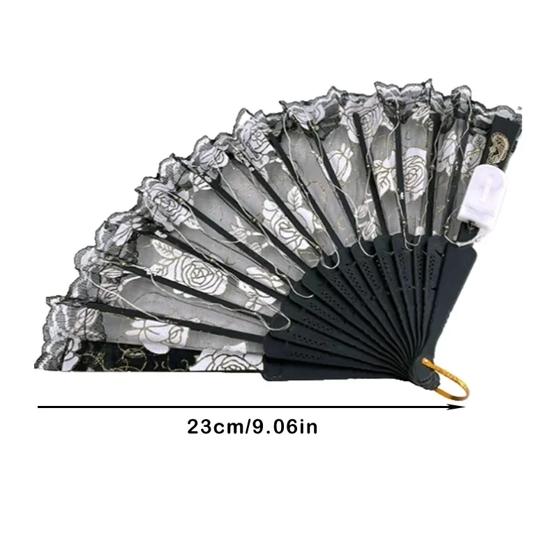 Light Up Folding Fan Lolita Dance Stage Performance Hand Fan LED Retro Dark Red Black Rose Fans Wedding Party Photograph Prop