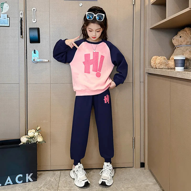 2024 New Spring Autumn Girls Hoodie Set Children Long Sleeve Top + Trousers Two-piece Suit Big Kids Sportswear Outfits 5-14Years