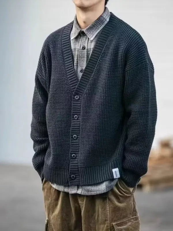 

Ретро-кардиган в японском стиле с V-образным вырезом, повседневный вязаный свитер, свободная теплая верхняя одежда для мужчин и женщин