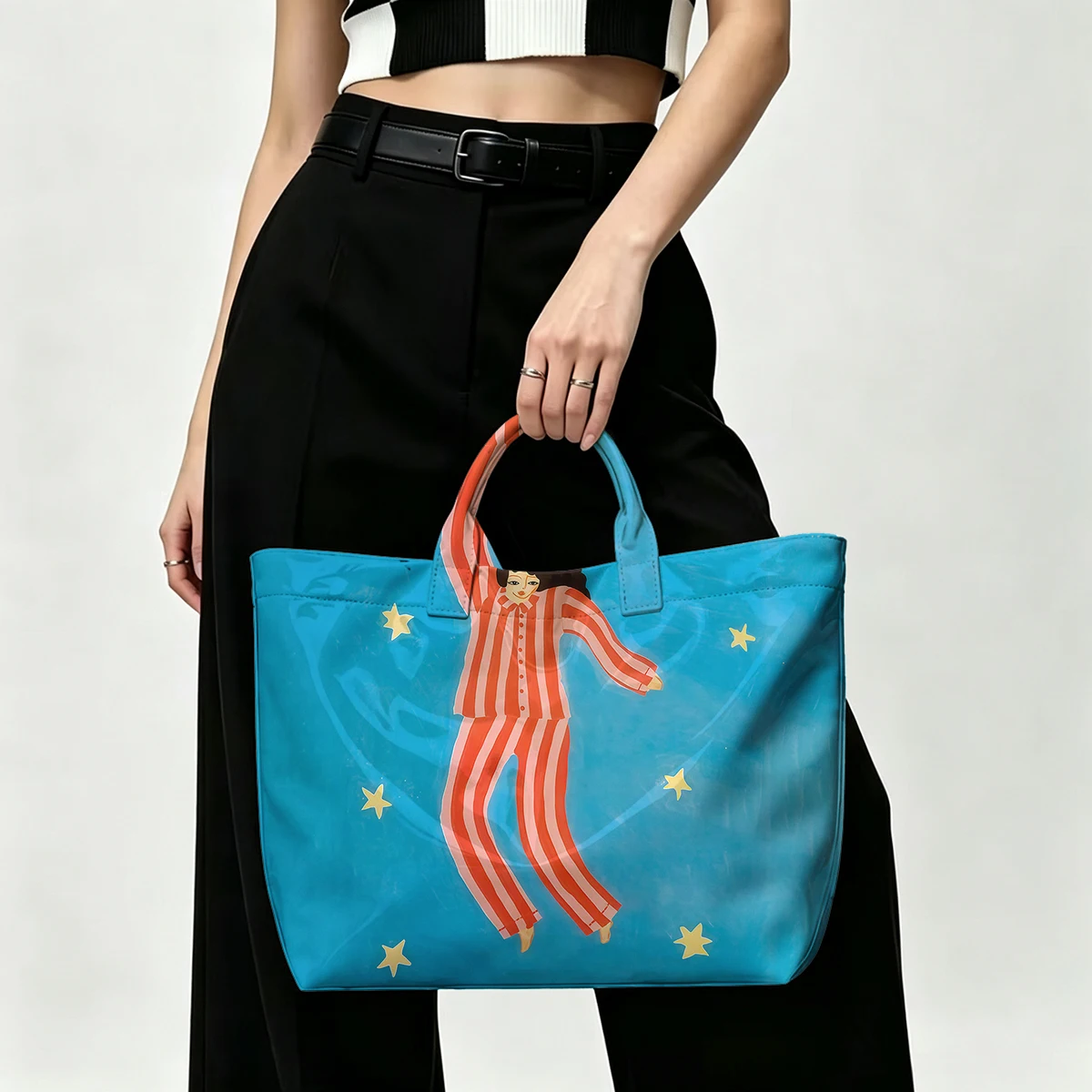 Blue pajamas star girl Fashion Bag Transparent PVC Waterproof Handbag Large Capacity Daily Commute Shoulder Tote Mummy Bag