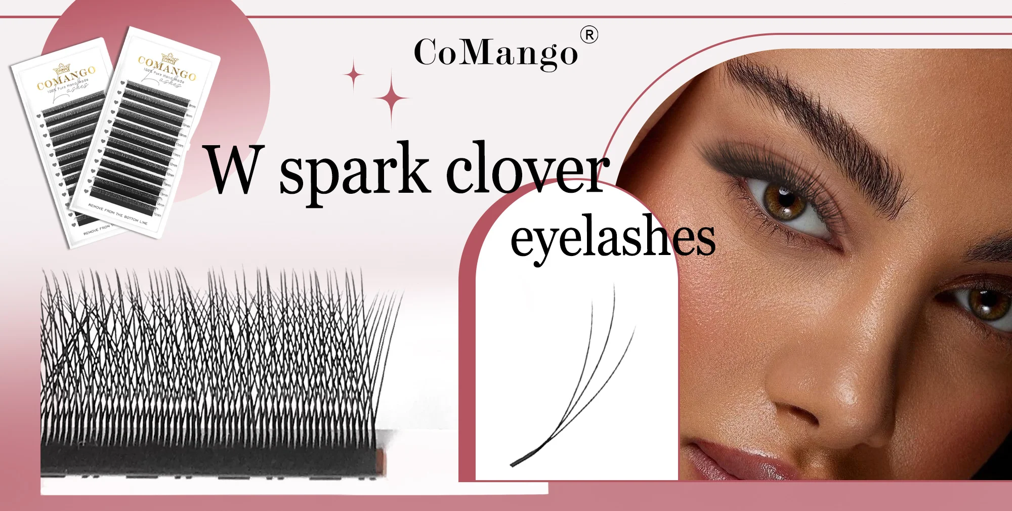 CoMango 12 Reihen/Tabletts 3D W Spark Clover Wimpernverlängerung, natürliches Volumen, weiche falsche Wimpern, Make-up-Großhandel – Detail 2