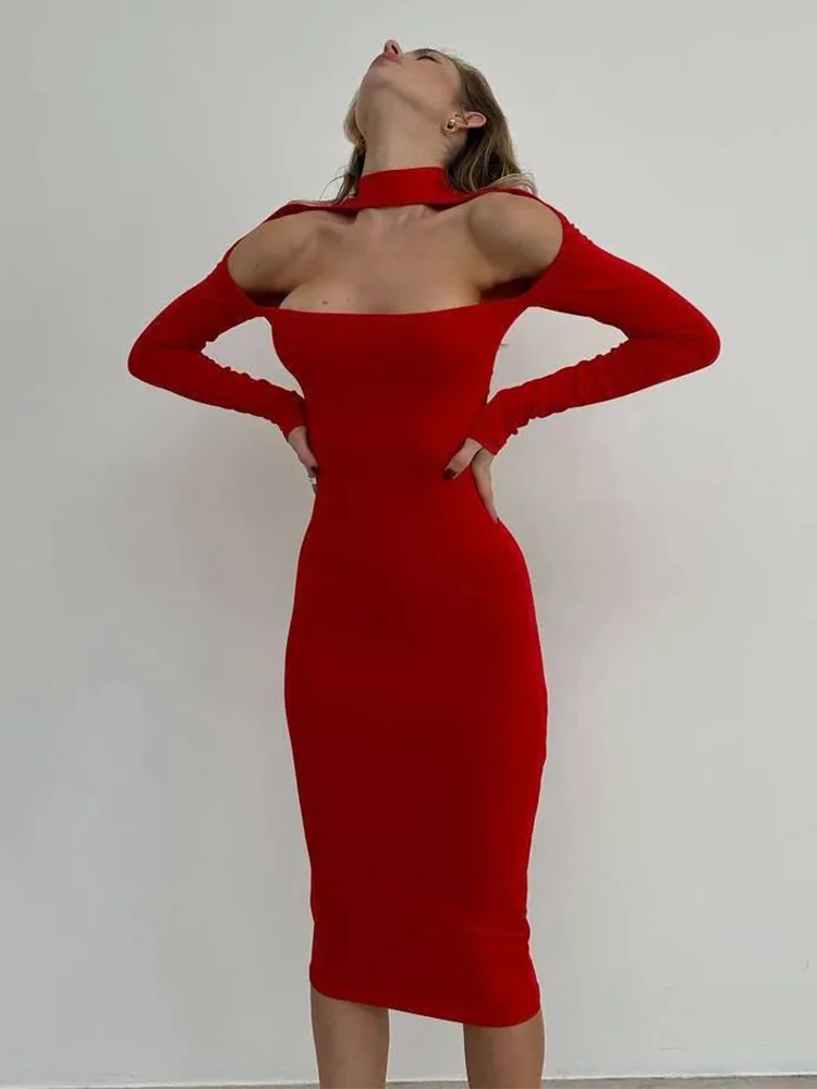 CNYISHE Solid Elegant Bodycon Sheath Party Women Dresses Long Sleeve O Neck Strapless Outfits Sexy Club Female Vestidos Robes