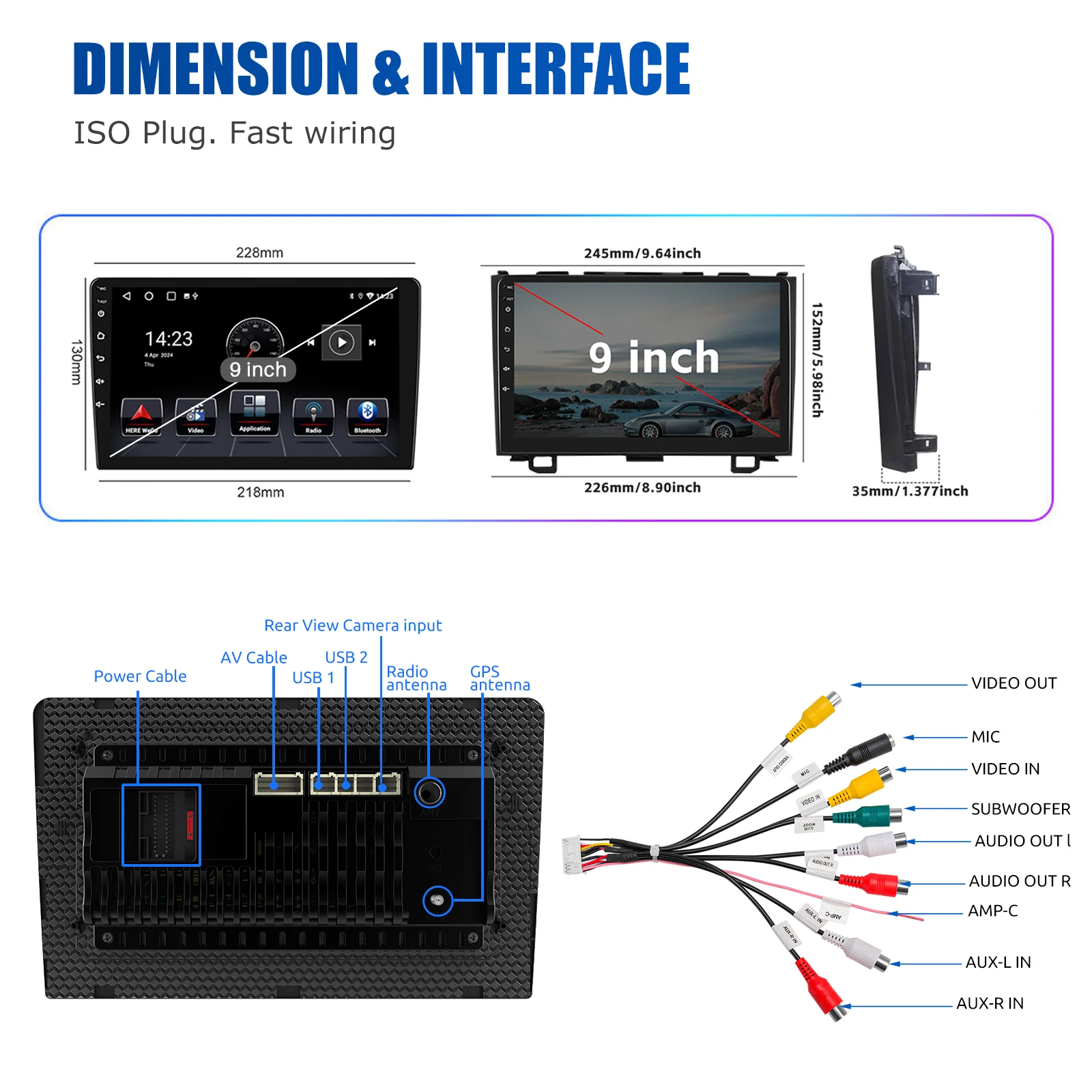 4 + 64G pour Honda CR-V CRV 2007-2011 Android14 Carplay 9 "autoradio WiFi BT USB GPS Navigation IPS écran tactile FM/RDS SWC