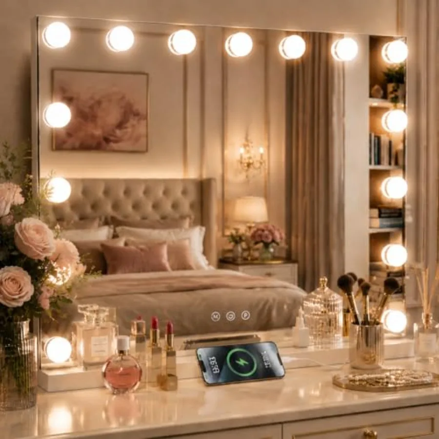 

Hollywood Vanity Mirror with Lights, 15 Dimmable Bulbs, 3 Color Lights, Make Up Lighted Mirror, Aluminum Metal Frame, USB Charg