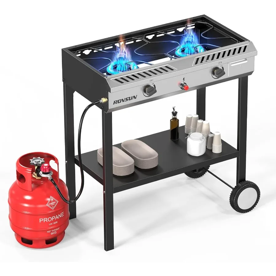 

2 Burner Outdoor Propane Gas Stove with Autoignition Regulator Shelf 150 000 BTU Powerful Stand Cooker for Backyard Patio Cooki