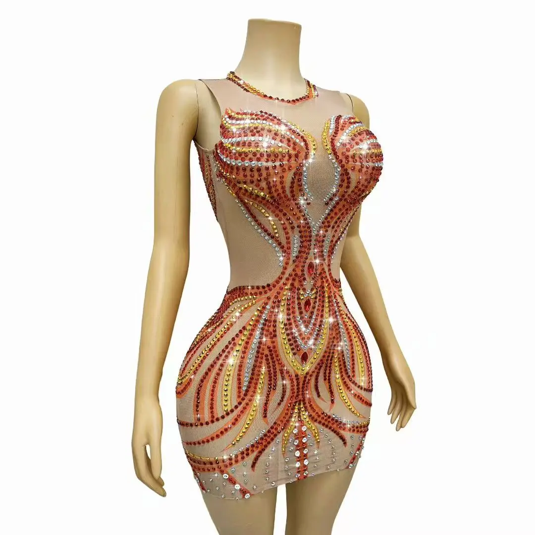 Women Sparkly Rhinestones Mesh Mini Dress Transparent Sleeveless Bodycon Evening Club Party Short Dress Sexy Cocktail Stage Wear view 3