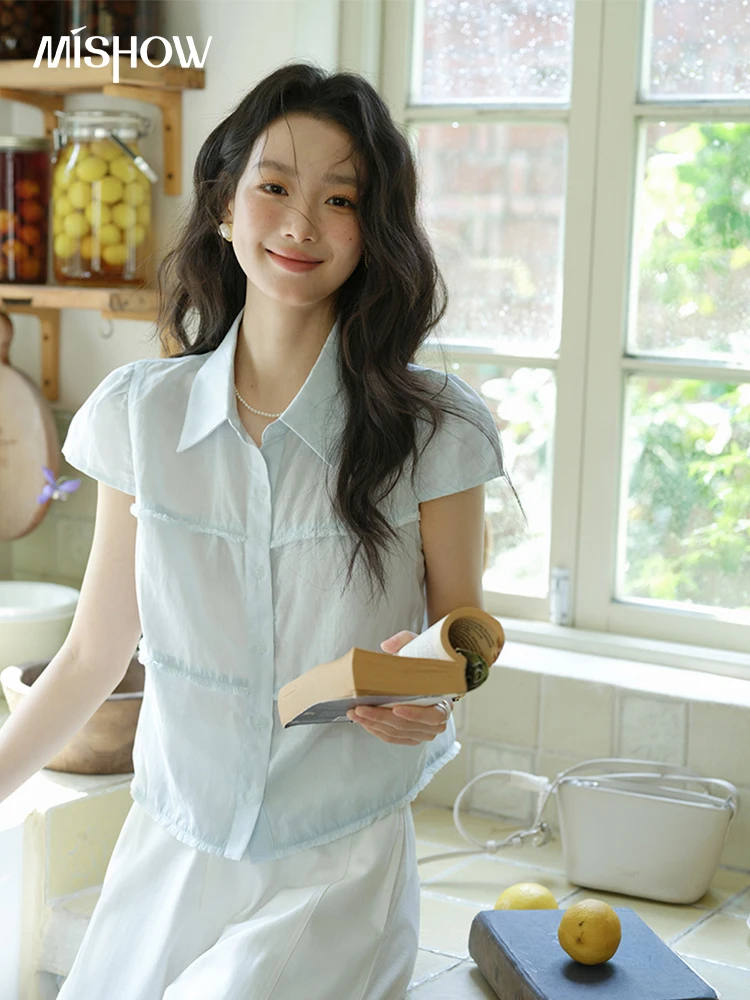 

MISHOW Women's Turn-down Collar Button Casual Shirt 2025 Summer New Ladies Wear Edge Splicing Commut Short Sleeve Top MXE39C2363