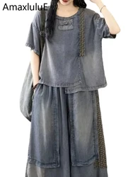 Amax luluE 2024 Chinese Fashion Classic Two Pieces Sets Women Summer Casual Suits O Neck Vintage Tops Loose Jeans Wide Leg Pants