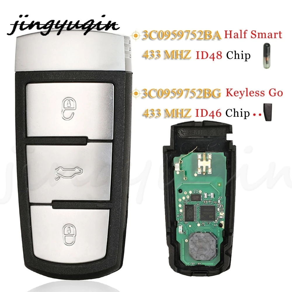 Jingyuqin 3 pulsanti Half Smart/Keyless go Remote Car Key Fob 3C0959752BA/BG 433Mhz ID46/48 Chip per VW Passat Magotan CC