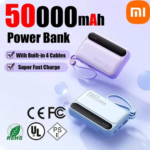 샤오미 고속 충전 보조배터리 50000mAh 휴대용 충전기 내장 케이블 외장 배터리 휴대용 파워뱅크 아이폰 화웨이용