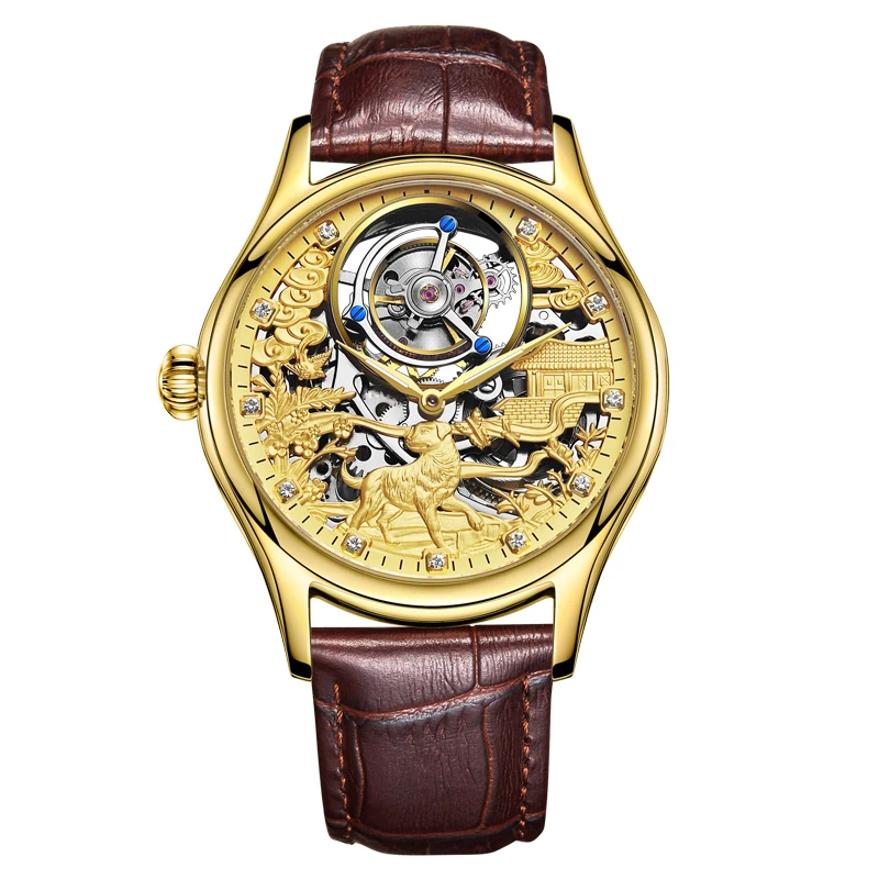 AESOP（manual7016G）Men Tourbillon Watch Zodiac Dog Skeleton Mechanical, 3D Hollow Carving, Sapphire Mirror, Genuine Leather Strap