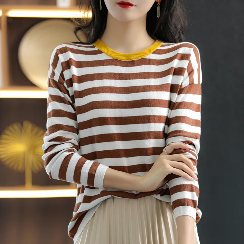 Pure cotton round neck striped knitted bottoming shirt women\'s spring and autumn new loose and thin all-match women\'s pullover