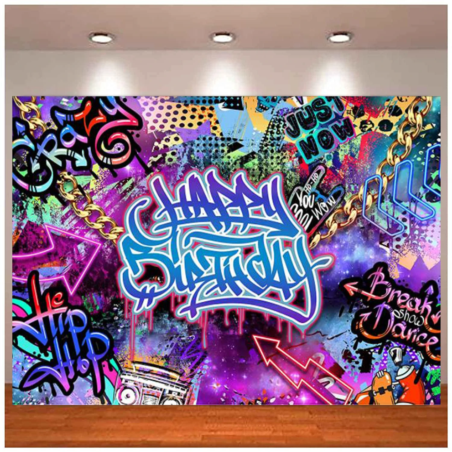 

Neon Graffiti Happy Birthday Photography Backdrop Hip Hop Colorful Glow Painting Retro Disco Let's Glow 80 90s Splash Background