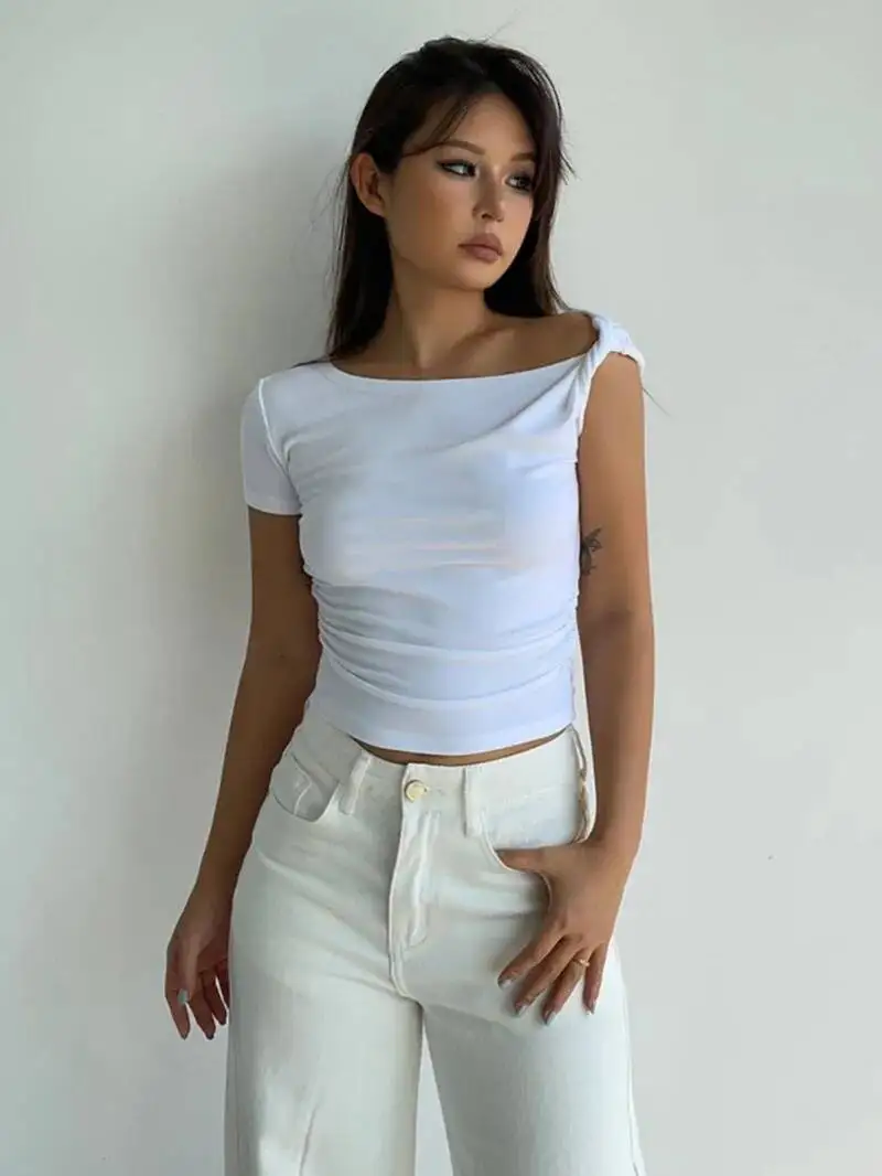 Spicy Girl Slanted Shoulder One Neck Irregular Short Sleeved T-shirt Twisted Design Pleated Women Tshirt Fashion Tees Sweet BO0D