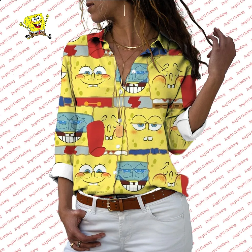 

New Cute Spongebob Pattern Print Women's Casual Versatile Shirt Fashion New Lapel Long Sleeve Single Breasted Shirt 2024