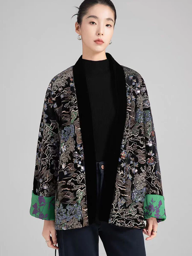 Winter New V-Neck Silk +Velvet Sequin Embroidered Coat  Contrasting Color Cuffs Lace Up Elegant Jacket for Women S-XL