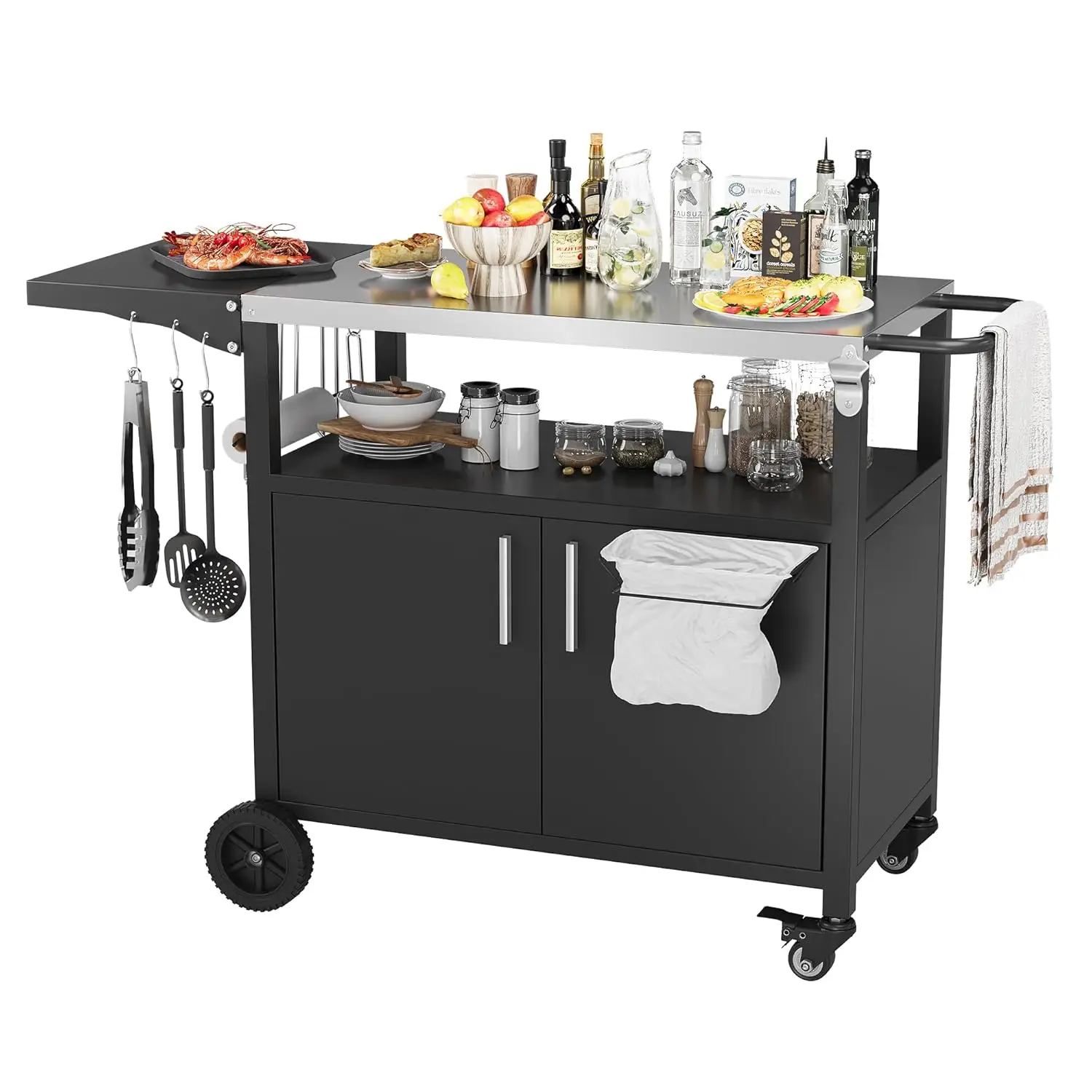 

Grill Cart with Storage, Outdoor Bar Cart Rolling BBQ Movable Pizza Oven Table Stand with Foldable Stainless Steel, Customized