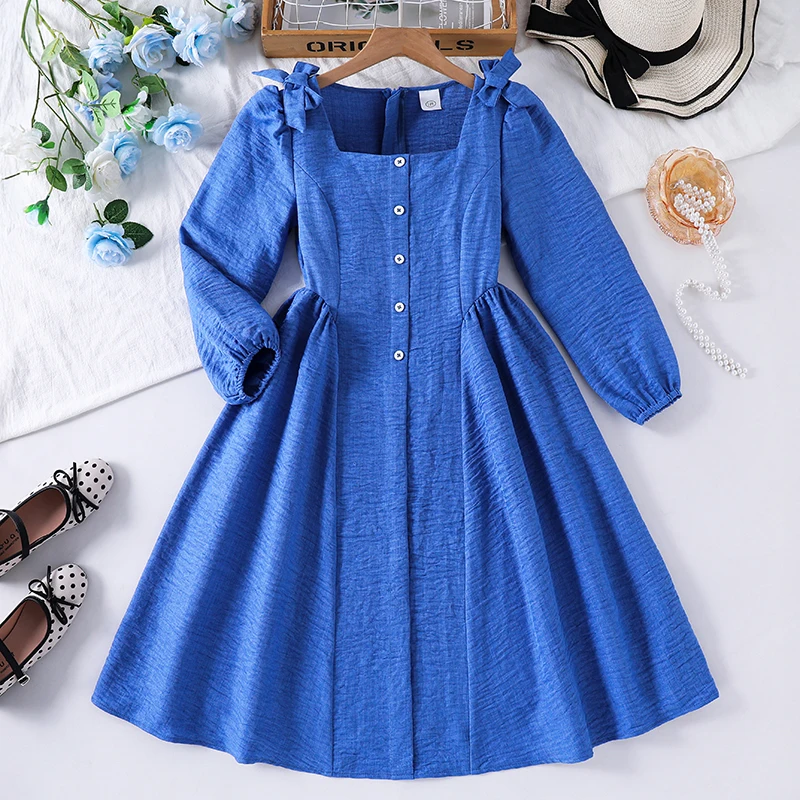 Teen Girls Solid Color Long Sleeve Midi Dress, Square Collar Decorative Bows Gathered Waist Flared Hem Casual Kids Outfit
