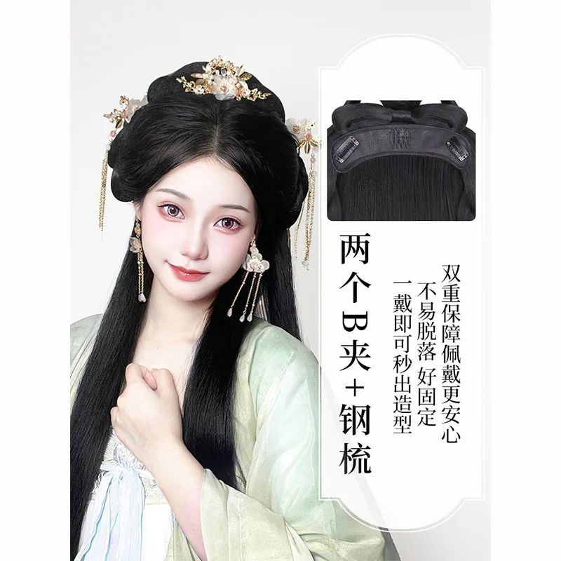 Fotografia 4: Peruca Hanfu para Mulheres com Clipe BB, Peruca Completa de Cabelo Estilo Antigo Chinês, Peruca de Fantasia Antiga Pré-arranjada