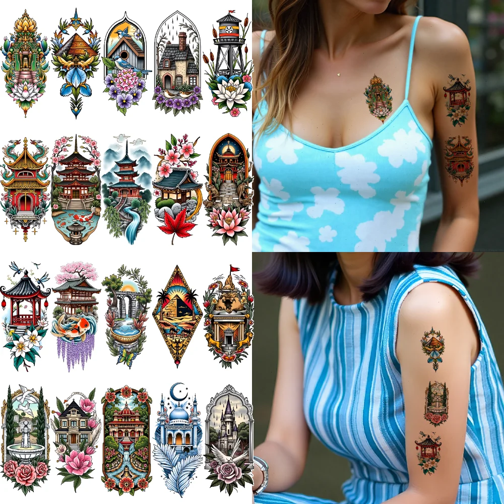 

9 шт., временная татуировка, пагода, новая школа, традиционный замок, цветы, временные татуировки, наклейки, водопад для груди, руки, для женщин