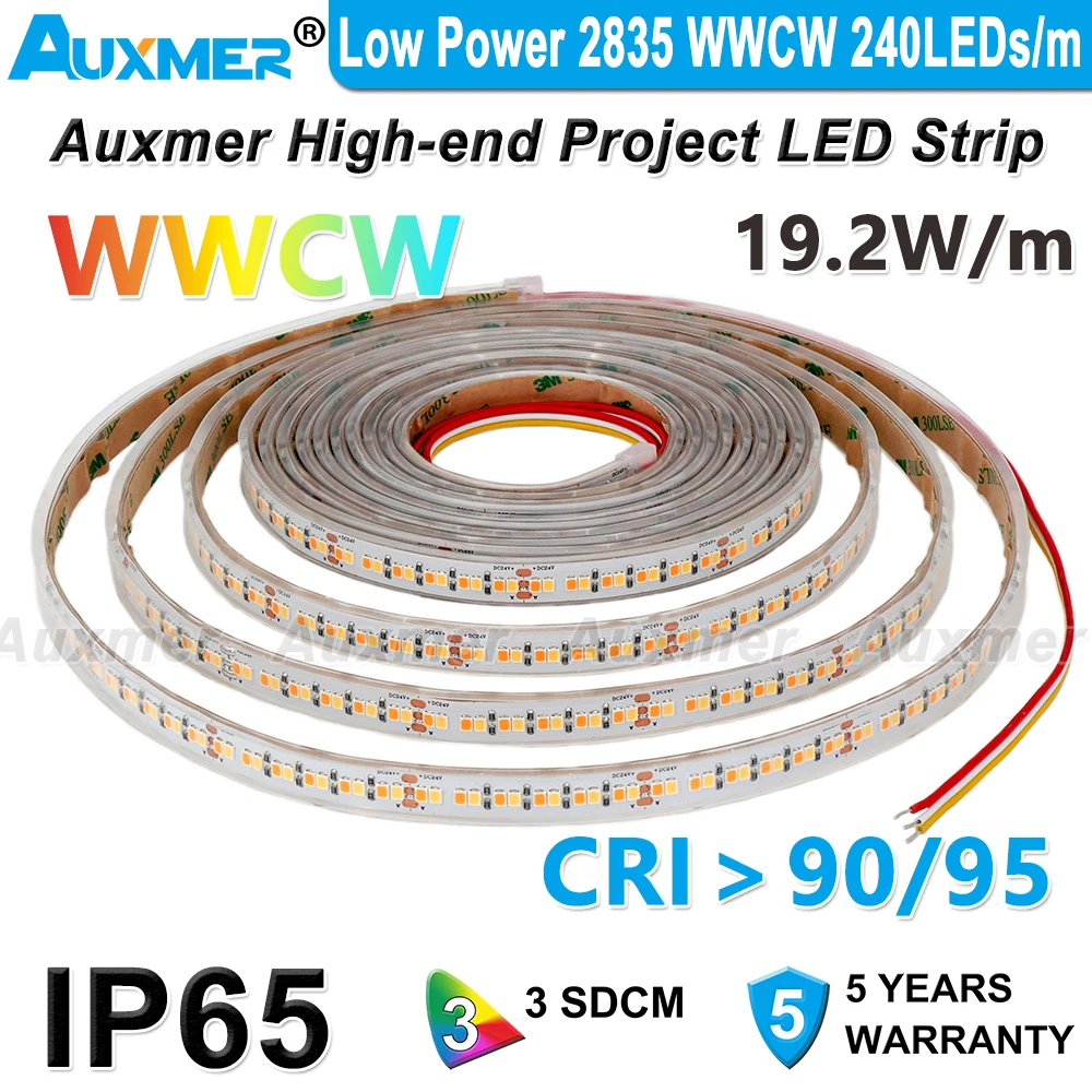 

Low Power 2835 WWCW LED Strip Lights,CCT 240LEDs/m 19.2W/m,IP65 Waterproof,CRI95/90 24V,Diode Tape Color Temperature Adjustable