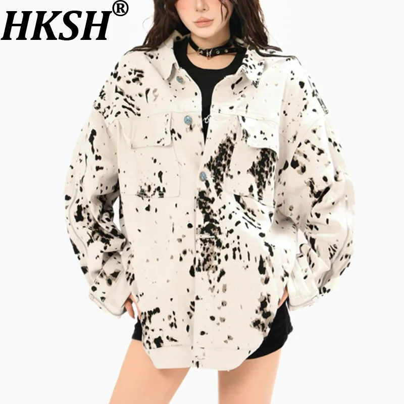 

HKSH весенне-осенняя новая женская куртка с леопардовым принтом и отложным воротником, однобортное джинсовое пальто унисекс в американском стиле ретро HK13902